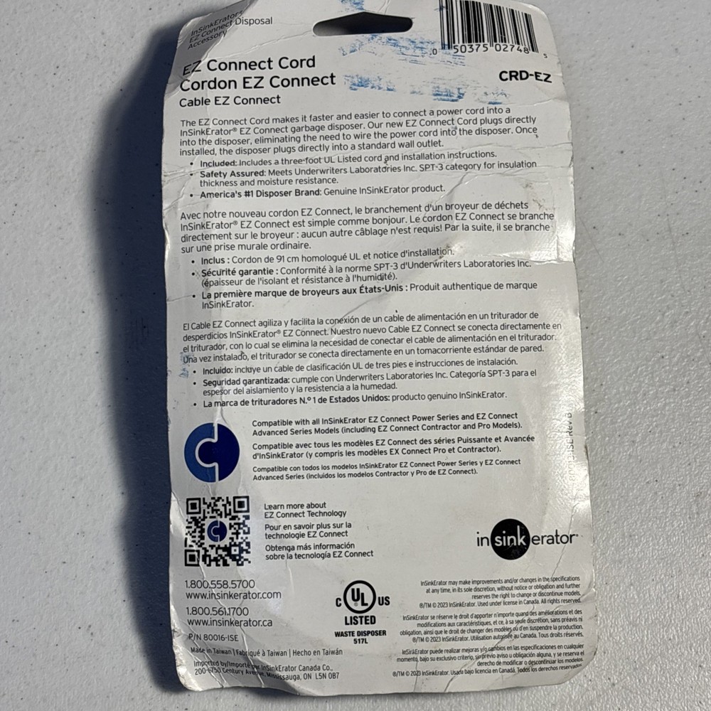 InSinkErator CRD-EZ Connect Power Cord 3 Ft For use on EZ Connect Disposals