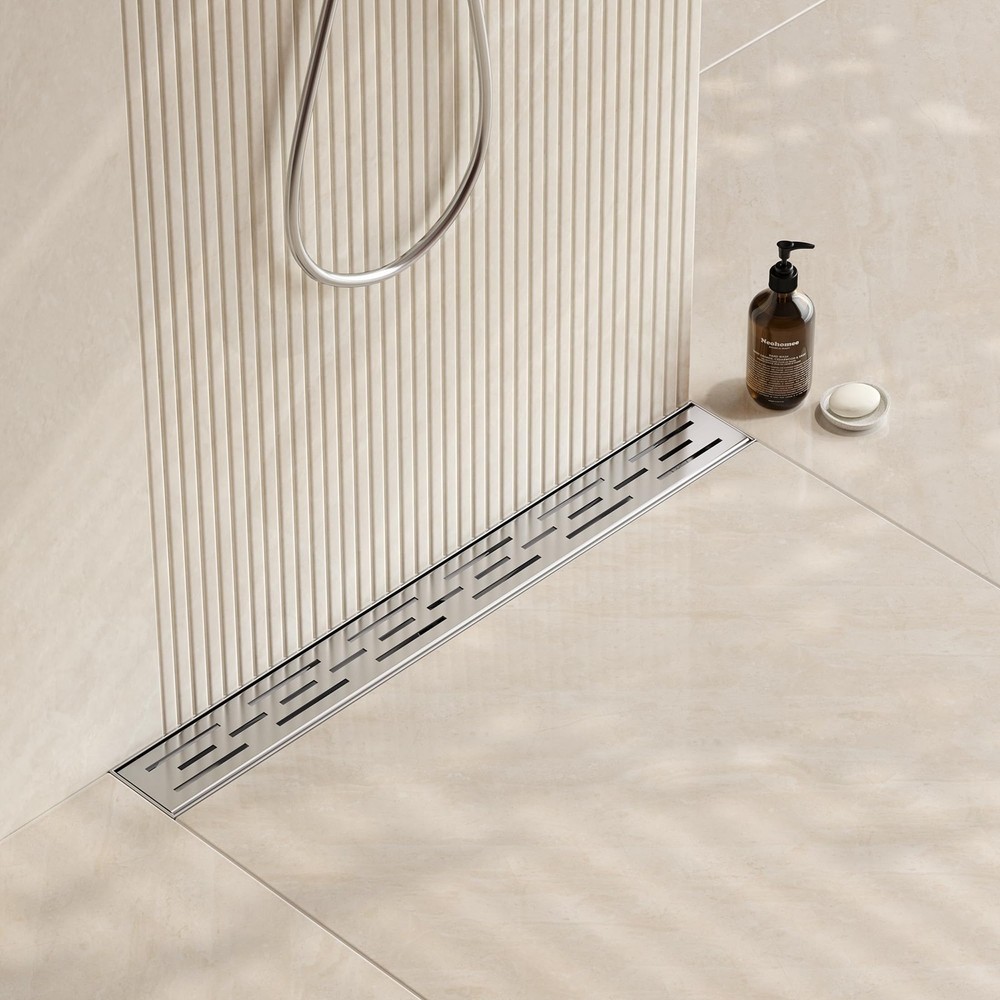 Neodrain 24 Inch Rectangular Linear Shower Drain with Brick Pattern Grate, Brush