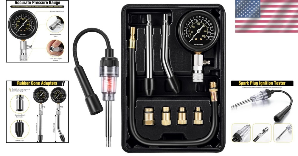Complete 9-Piece Car and Motorcycle Compression Tester Set with Spark Plug Tool