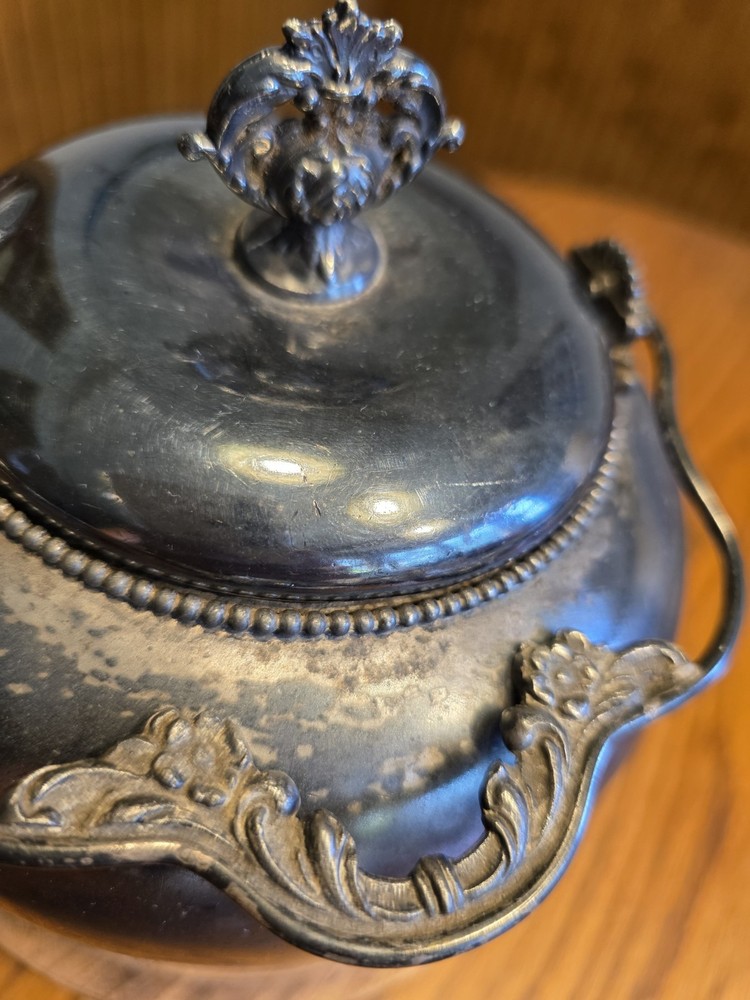 Antique Cracker Jar Quadruple Silverplate With Handle Victorian Etched