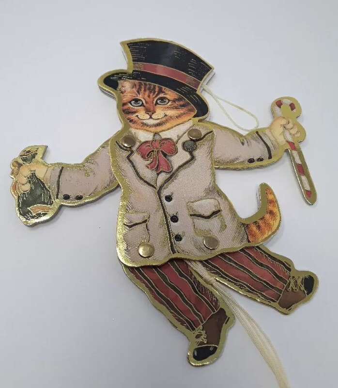Vintage Cat Pull Toy Cardboard Double Sided Hinged Made Taiwan 7.5"