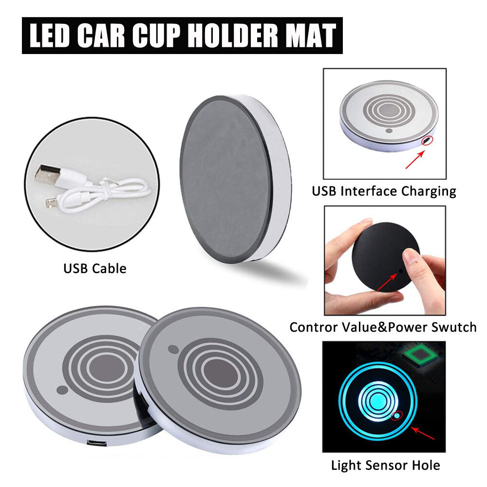 2-Pack USB LED Cup Holder Coasters 7 Color Auto Sensing Mood Lights Car