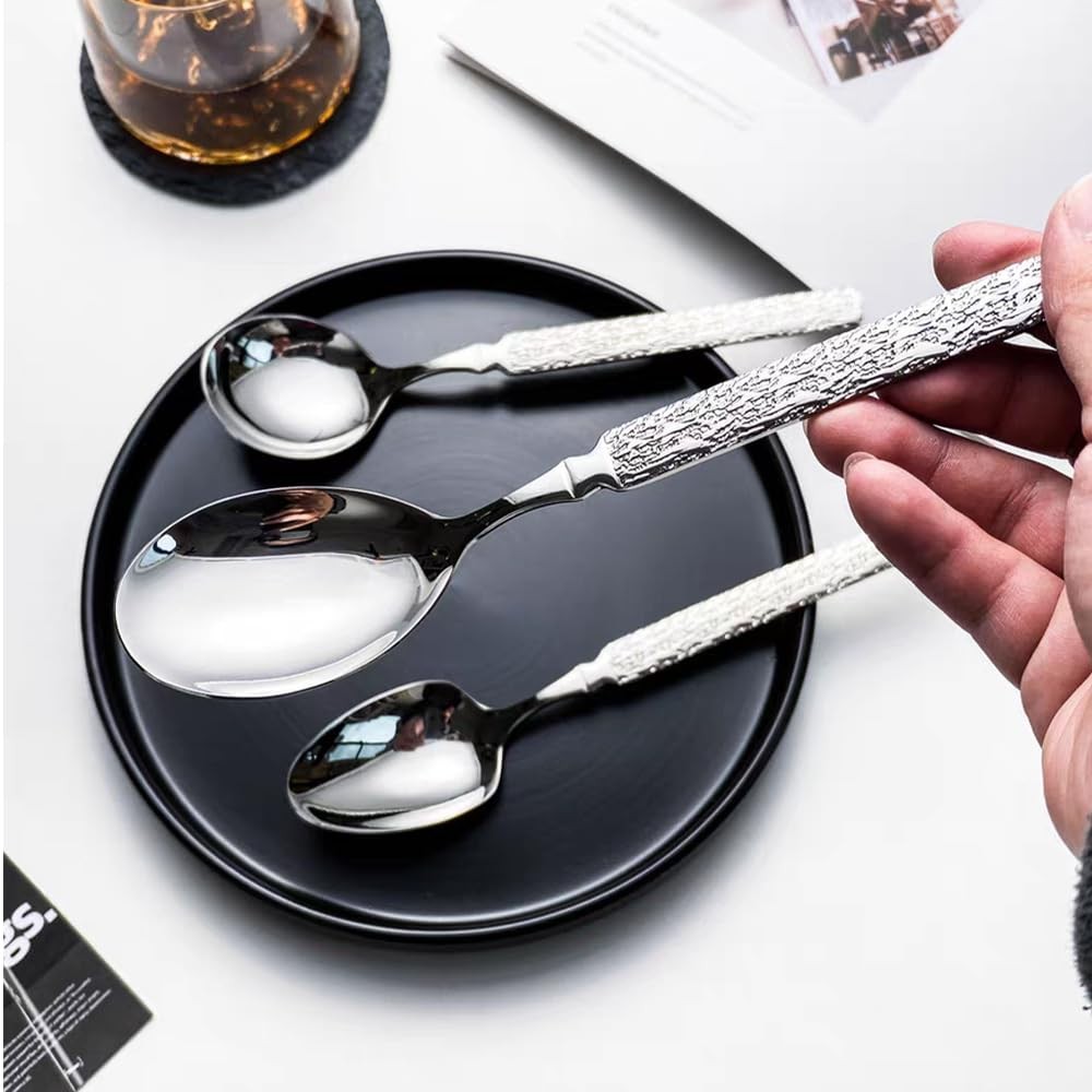 Thickened Stainless Steel Dinner Spoons with Hammered Edge,Serving Spoon Set,...