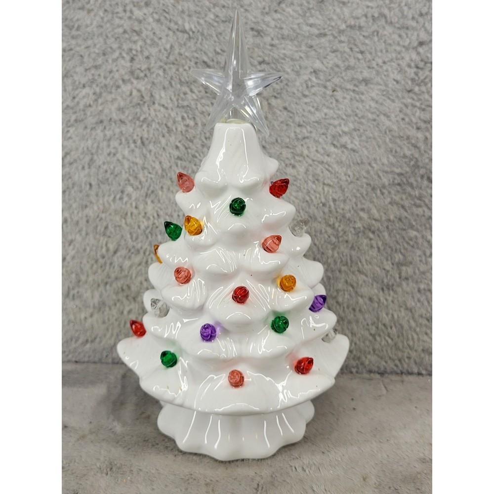 White Ceramic Lighted Christmas Tree 7.5 Inch Battery Operated Timer Multicolor