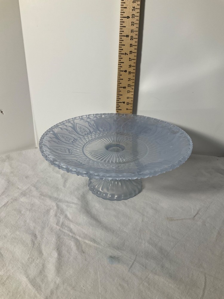 Frosted glass light blue footed cake plate decorative design 8”