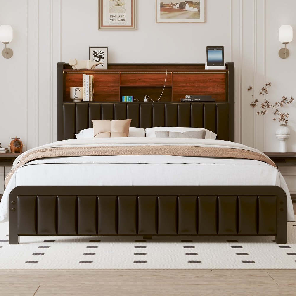 Queen Size LED Bed Frame with 3-Tier Storage Headboard＆Charging Station