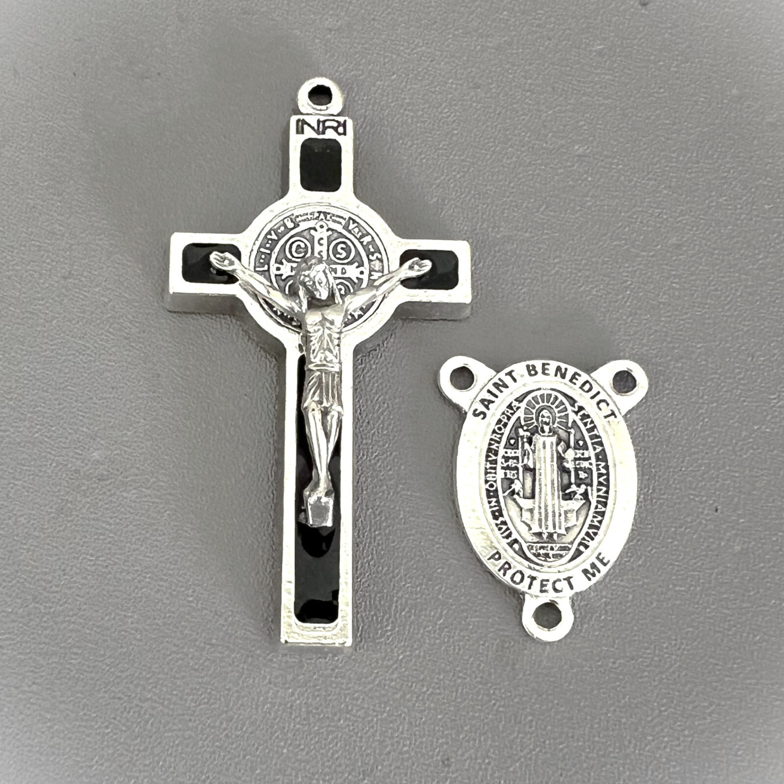 Rosary CENTER & CRUCIFIX Set Italy Rosaries Parts St. Saint Benedict LARGE BLACK