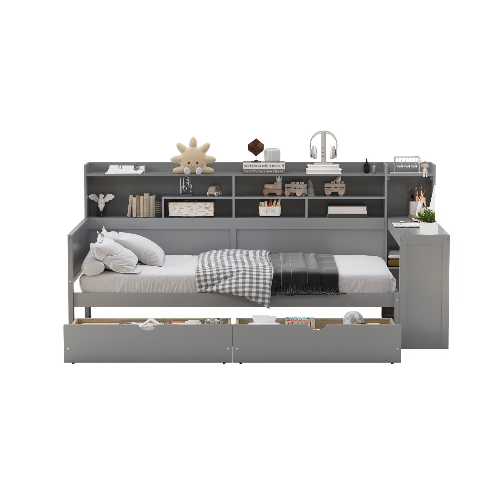 Twin Daybed w/ Storage & Desk, Wood Frame, Gray - Space Saving Design