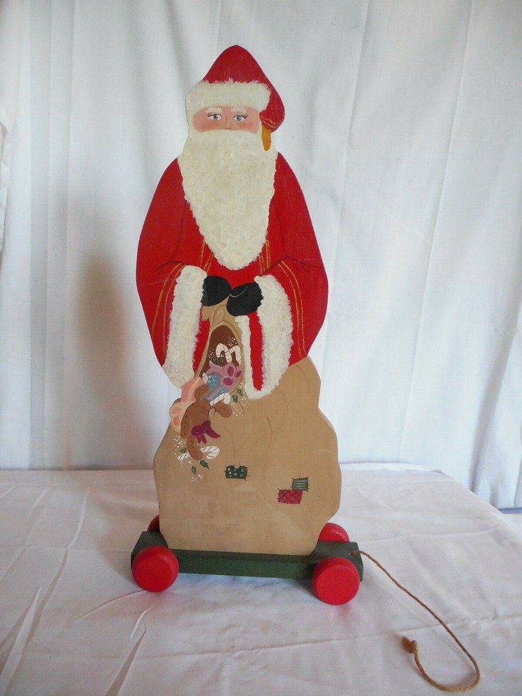 Hand painted folk art wood Santa pull toy