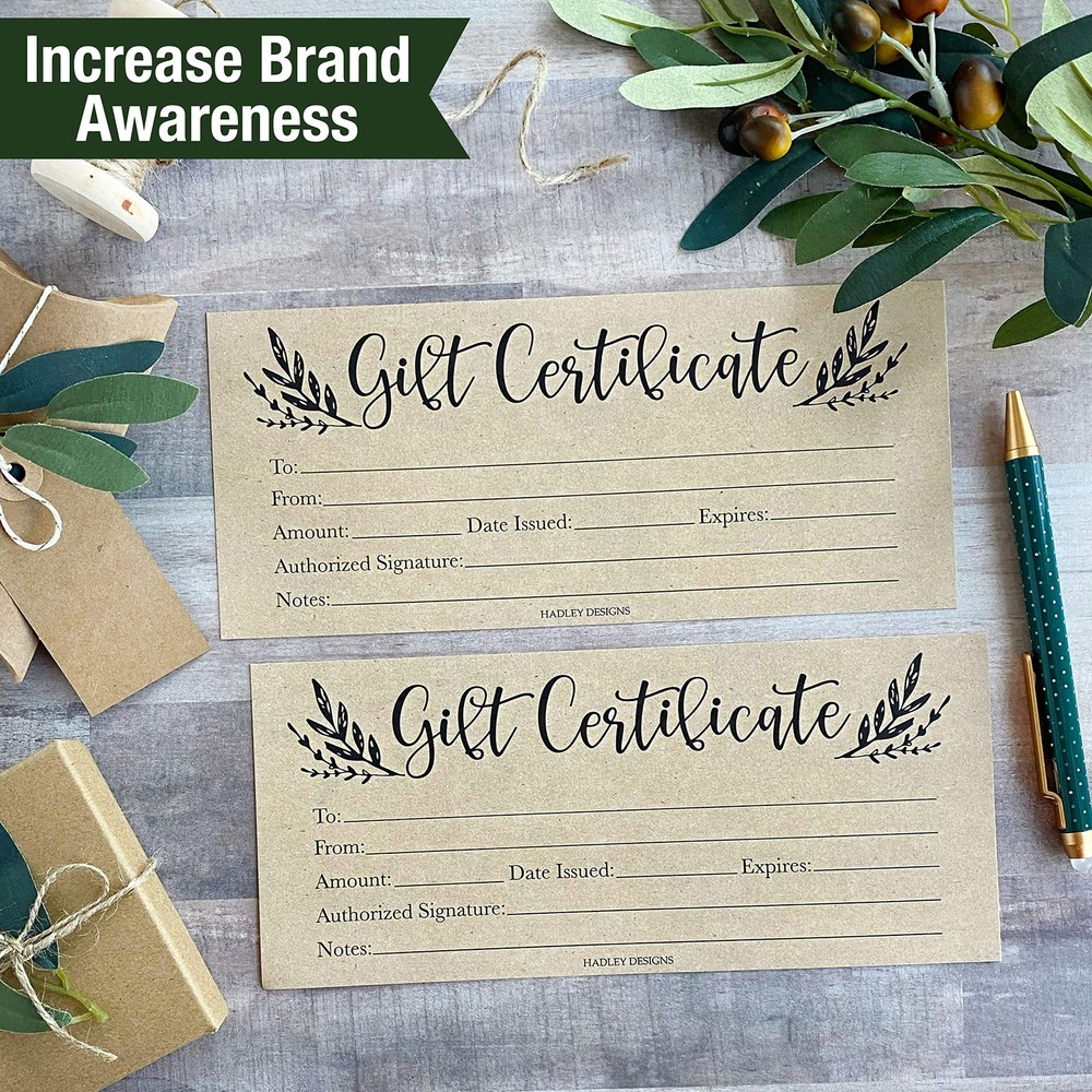 25 4x9 Rustic Blank Gift Certificates for Inches, Greenery
