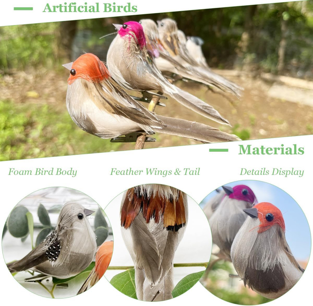6Pcs Artificial Birds Realistic 3.9-Inch Simulation Foam Feather Sparrow Bird Cl