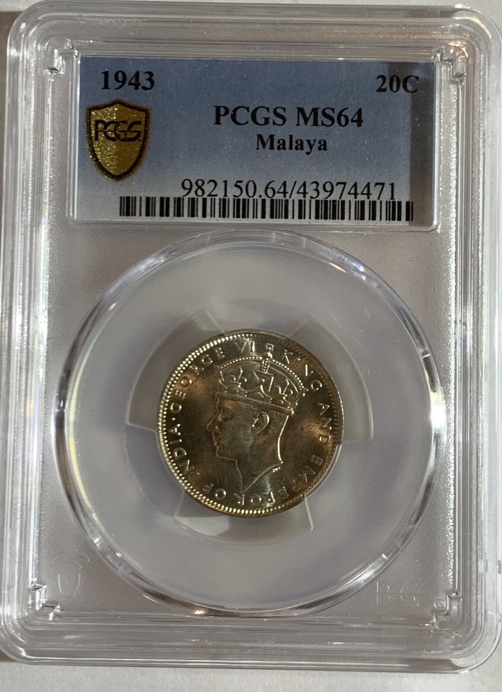 1943 MALAYSIA SILVER COIN 20 CENT PCGS MS64