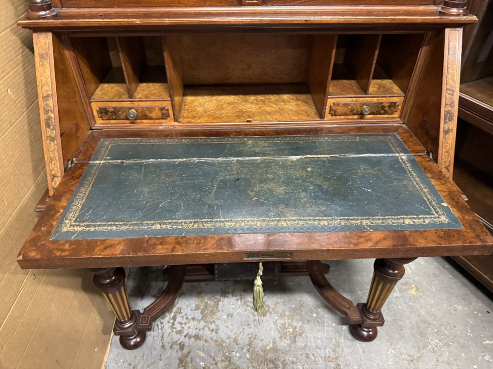 RENAISSANCE WALNUT AND BURLED DROP-FRONT DESK WITH PLAQUES