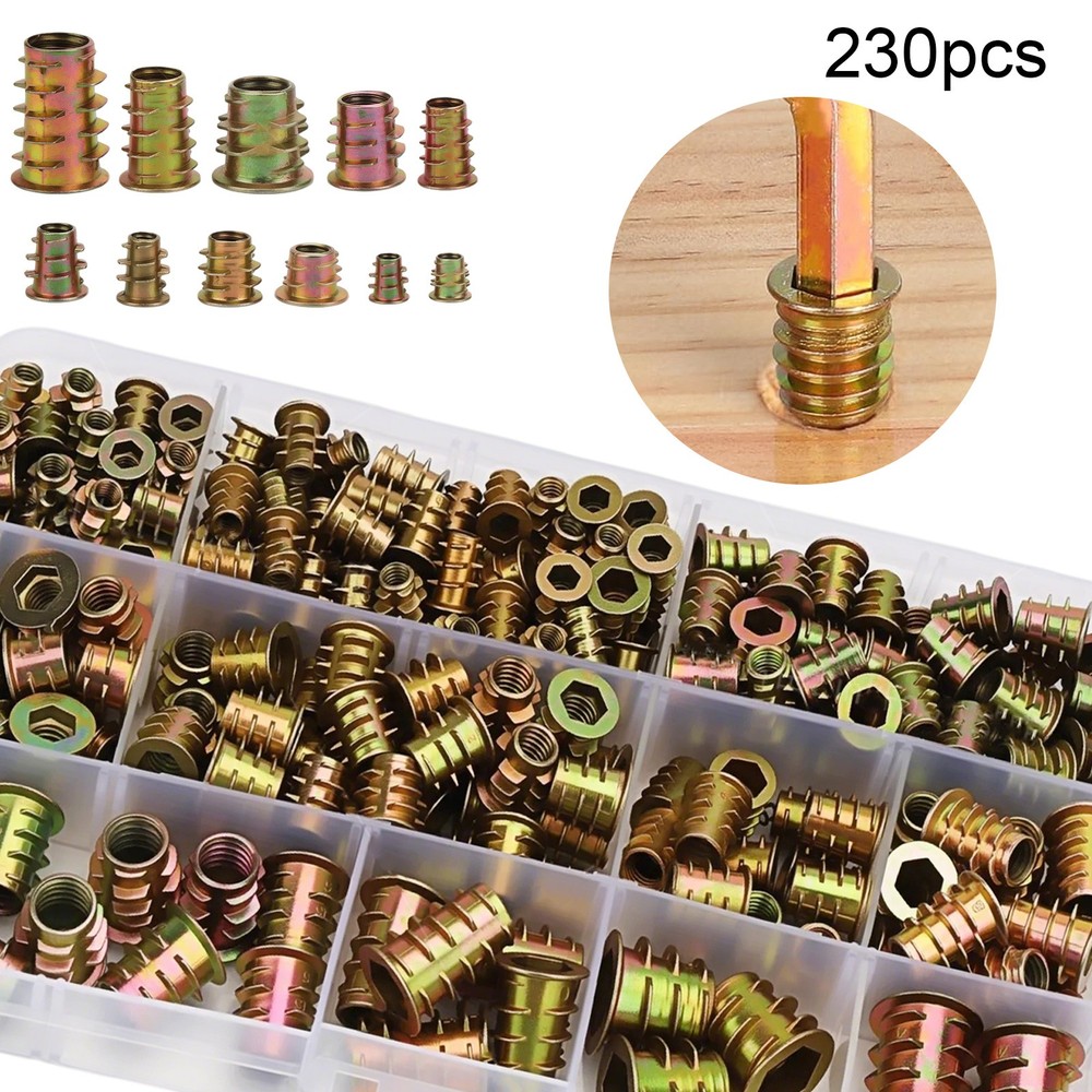 230PCS Threaded Insert Nuts Kit M4 M5 M6 M8 M10 Hex Socket Wood Inserts with Box