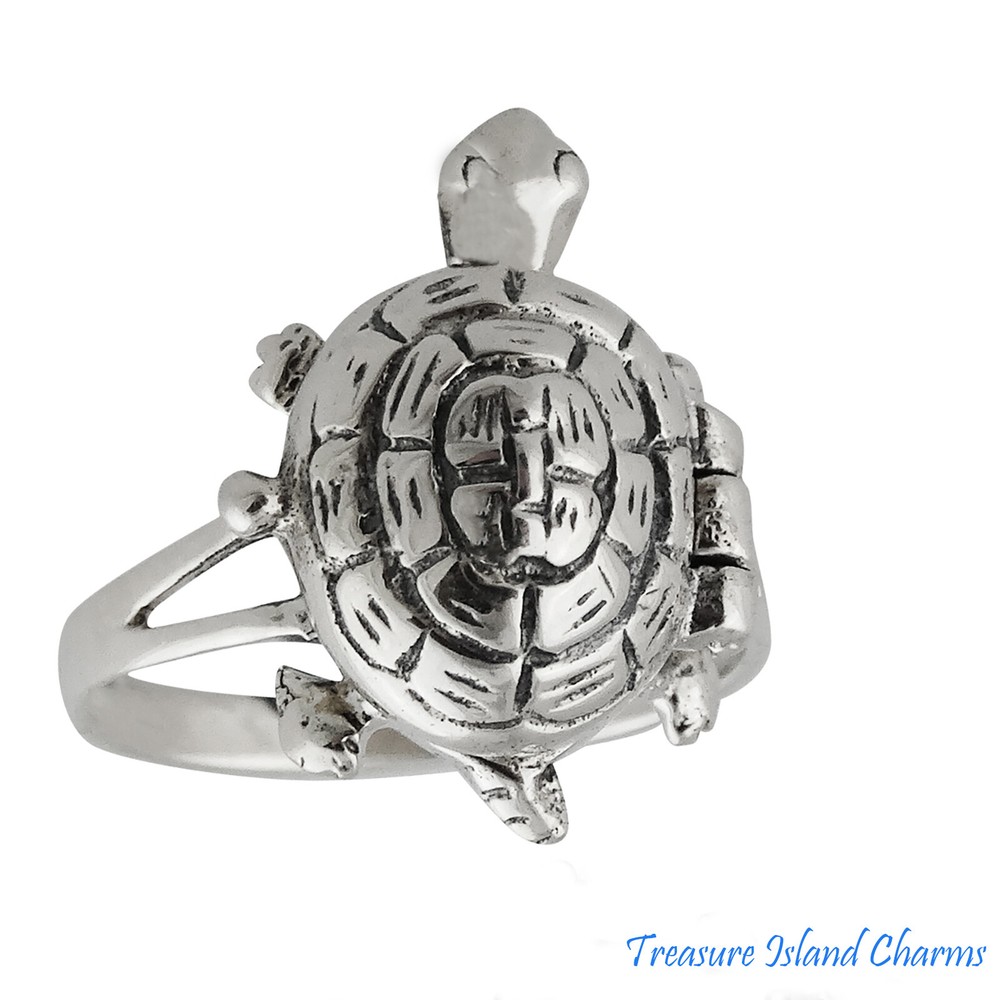 Turtle 925 Solid Sterling Silver Poison Pill Box Ring Opens Sizes 6-10 Opens