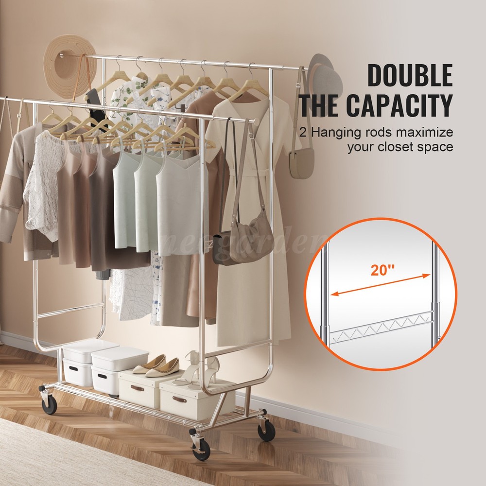 Mobile Coat Rack, Retractable Adjustable, Heavy Duty Chrome with Bottom Shelf