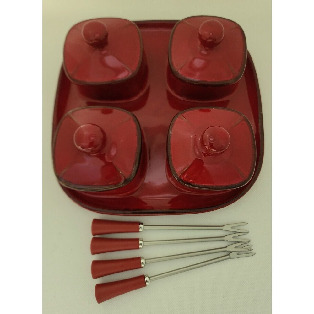 Condiment Server-Pottery Barn-4 Sections-Forks-Burgundy/Red-Square Server