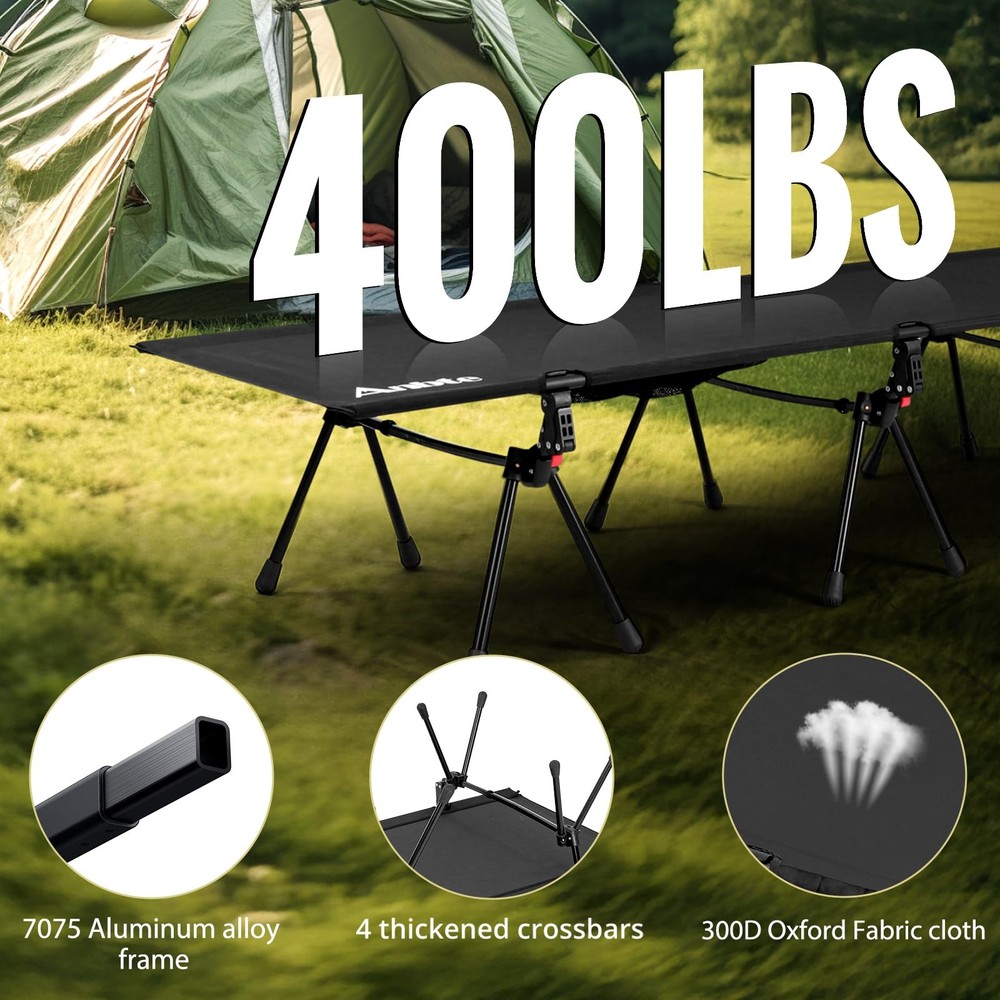 Height Adjustable Camping Cot with Storage Net & Bag, Support up to 400lbs Co...