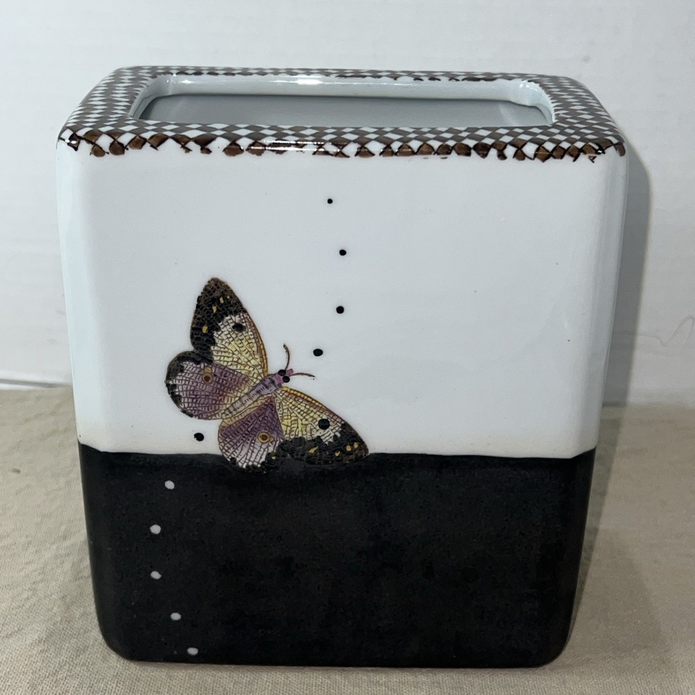 Vtg Fabienne Joubin Paris 1999 Rectangular White Brown Moth To Butterfly Vase 6”