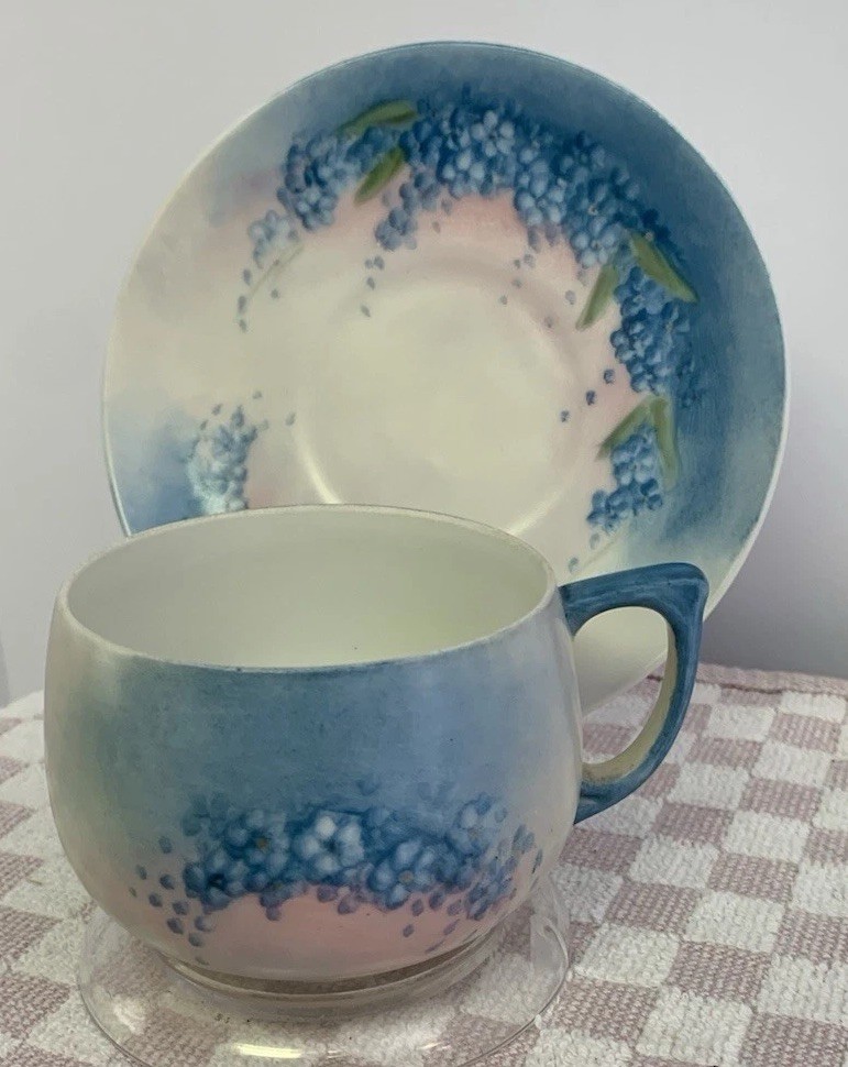 Blue & Pink Ceramic Cup & Saucer. Hydrangea Flowers Dainty