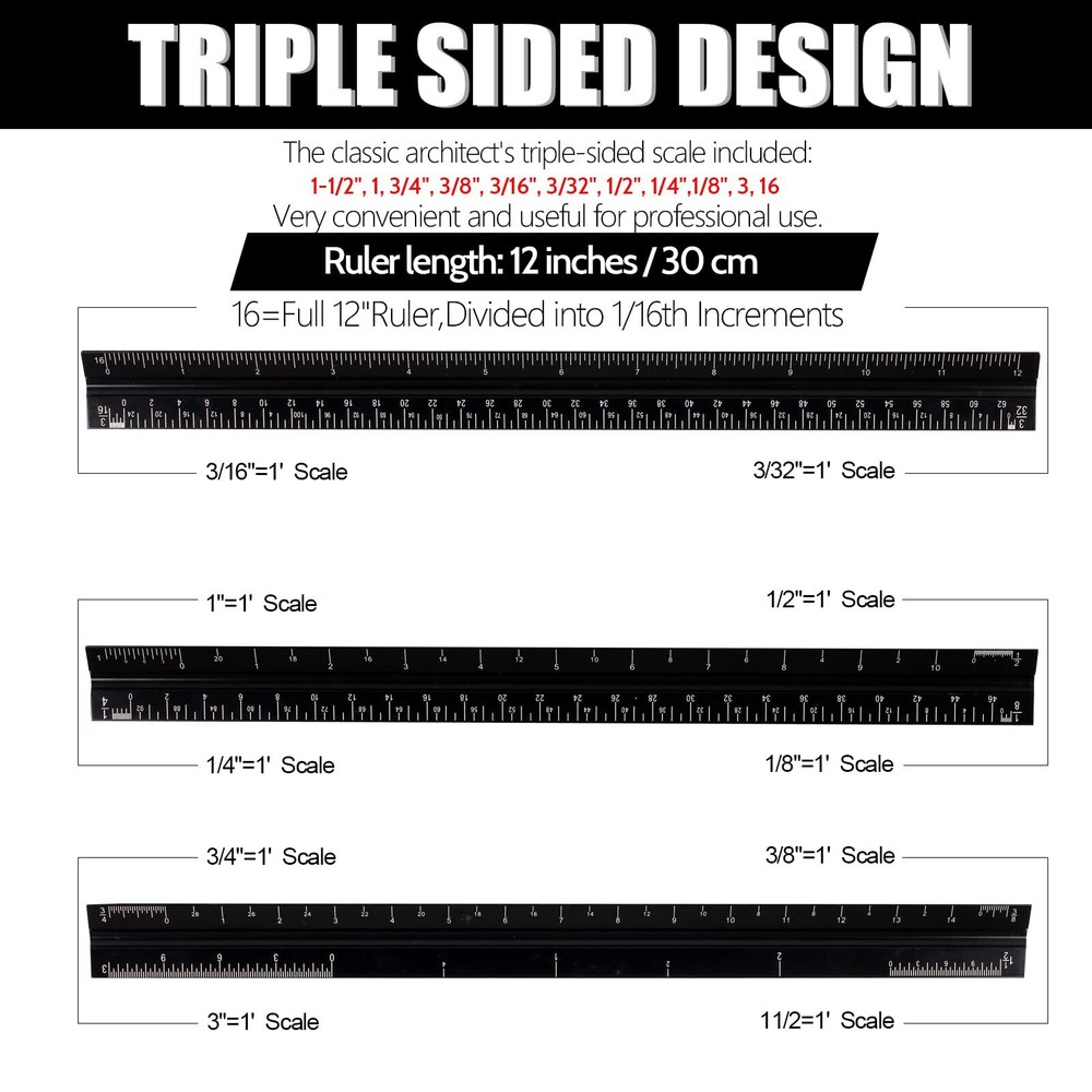 12 Inch Aluminum Triangular Scale Architectural Ruler for Blueprint Artists