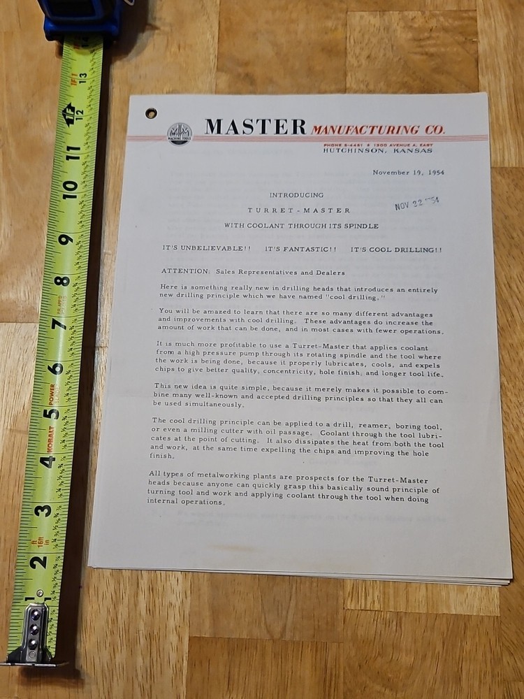 MASTER TURRET 1954 COOLANT THROUGH ITS SPINDLE LOT LETTERHEAD