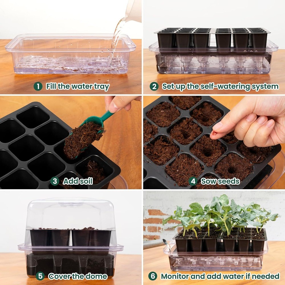 SOLIGT Self Watering Seed Starter Trays with Humidity Domes, Extra Thick Plastic