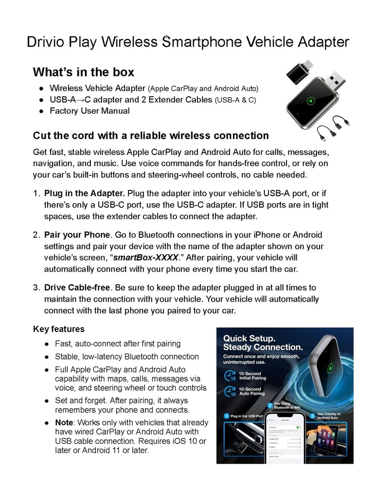 Drivio Wireless CarPlay Adapter for iPhone & Android | USB Small, Black