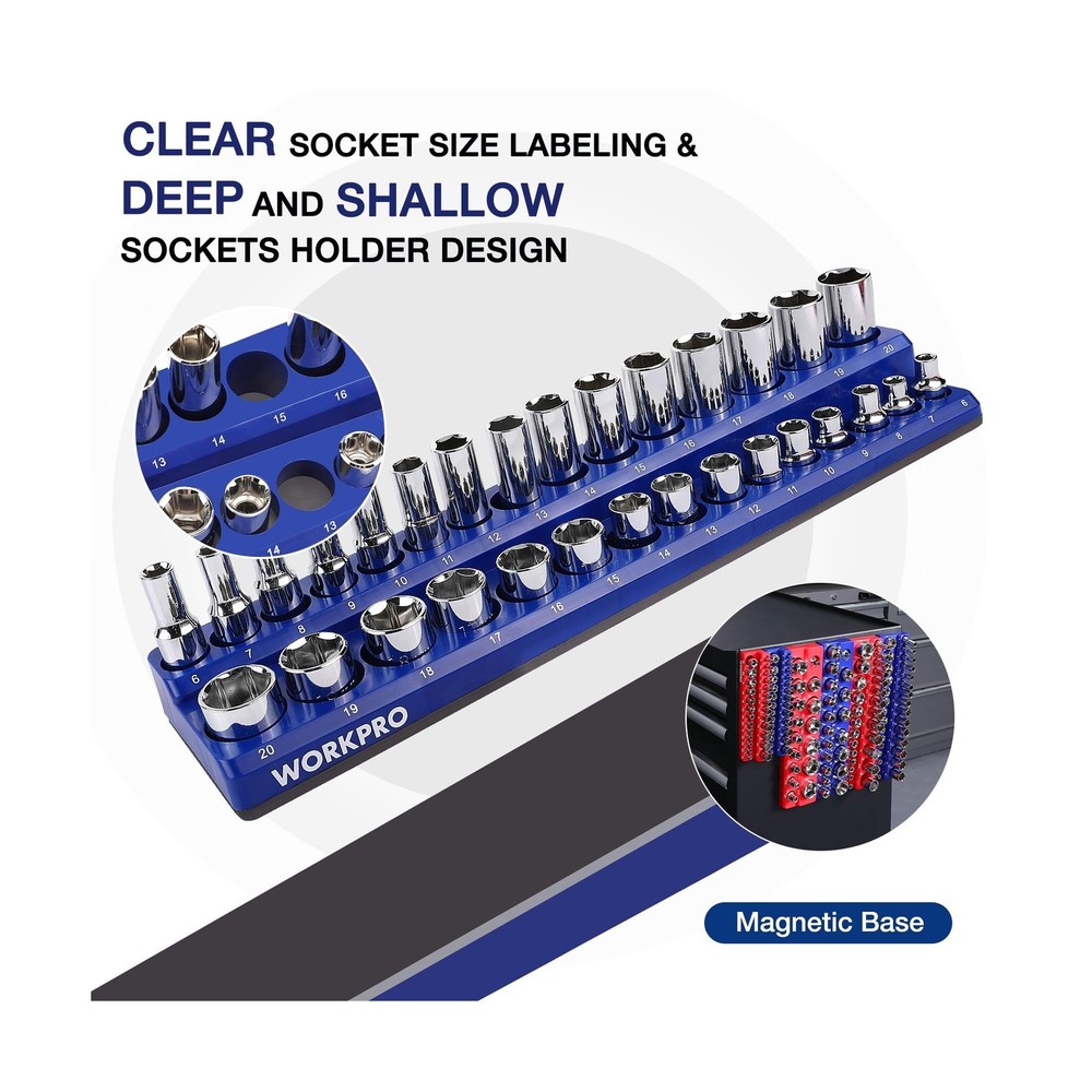 WORKPRO Magnetic Socket Organizer Set, 6-Piece Socket Holder Set Includes 1/4...