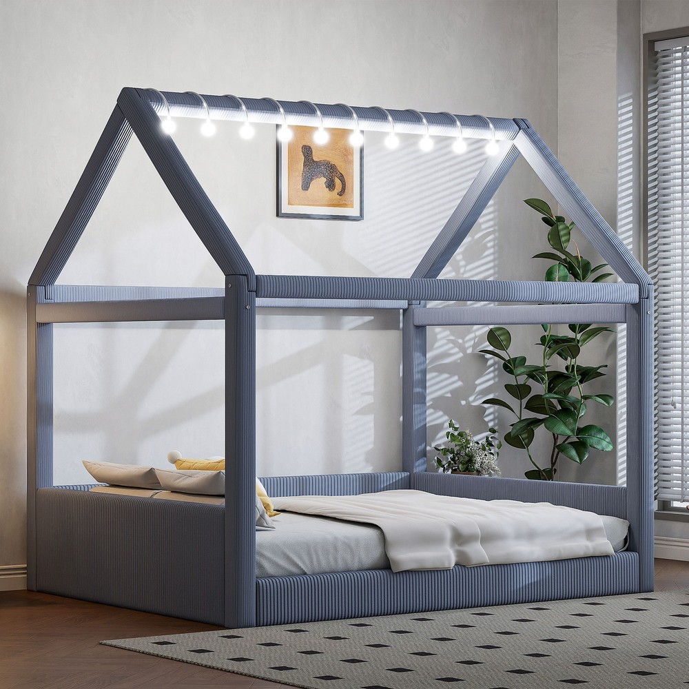 Full Size Upholstered House Daybed with LED Light Strips,Grey