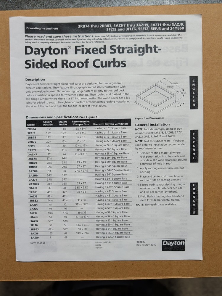 Dayton Fixed Straight-Sided Roof Curb 2RB76