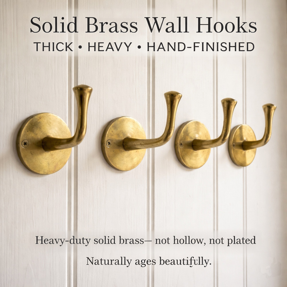 Solid Brass Wall Hook, Unlacquered Antique Finish, Rustic Towel/Coat Hook
