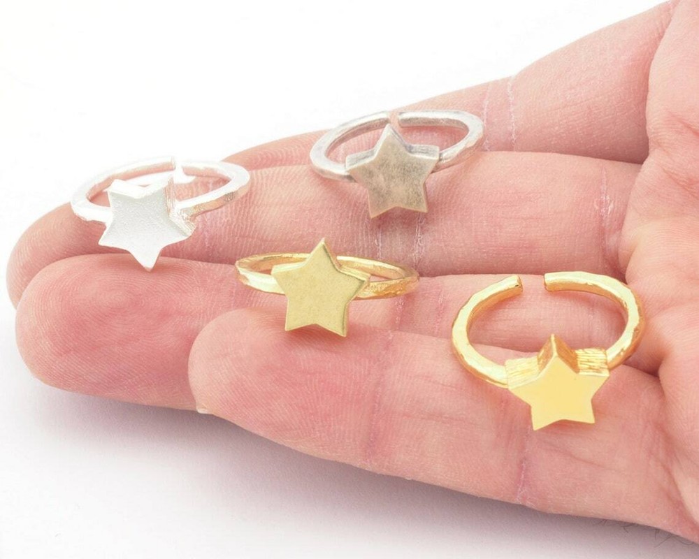 Star Brushed Edge Ring Base Adjustable Silver,Raw Brass,Shiny gold-silver 4684