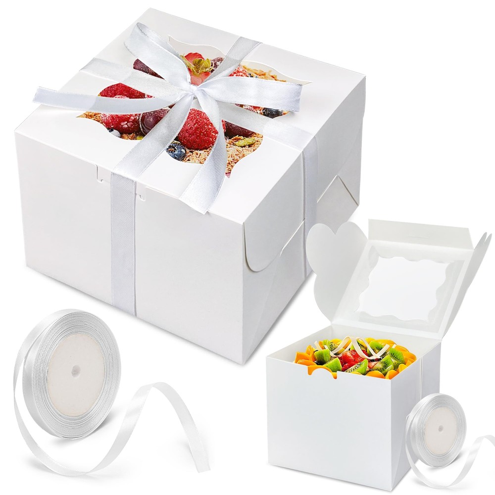 25PCS White Bakery Boxes with Window Bulk 6x6x5 Inches Cardboard Pastry Boxes...