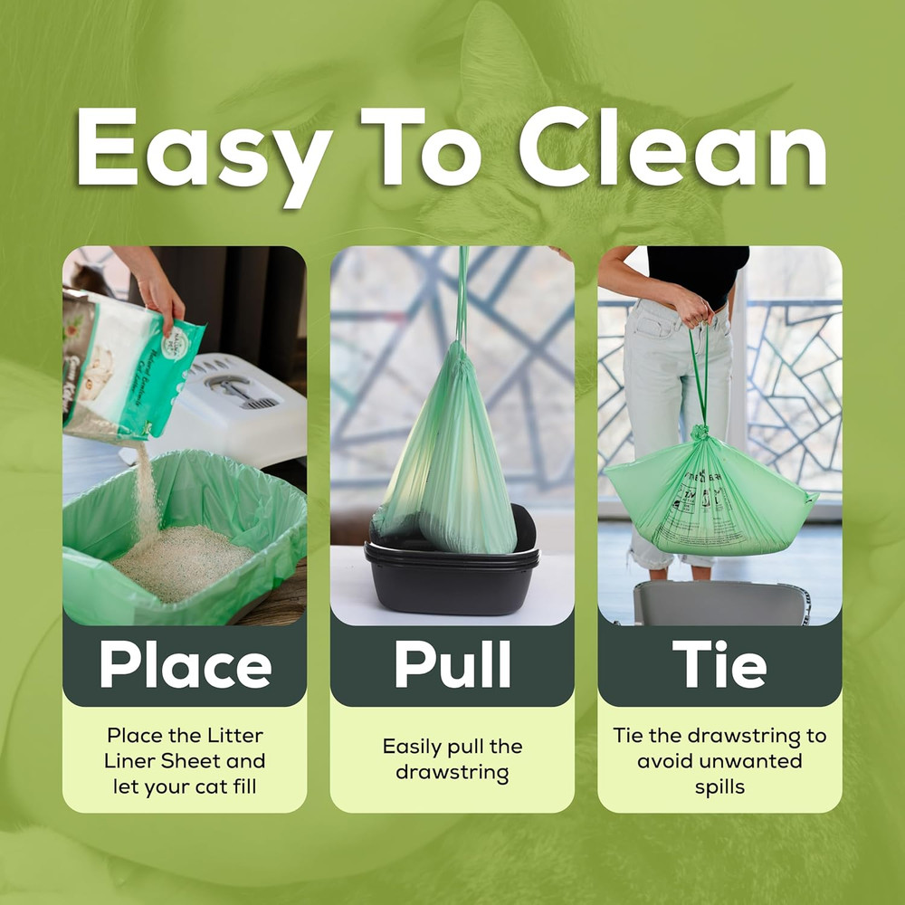Cat Litter Box Liners 100% Compostable - Drawstring Close - 6 Count - Jumbo Size
