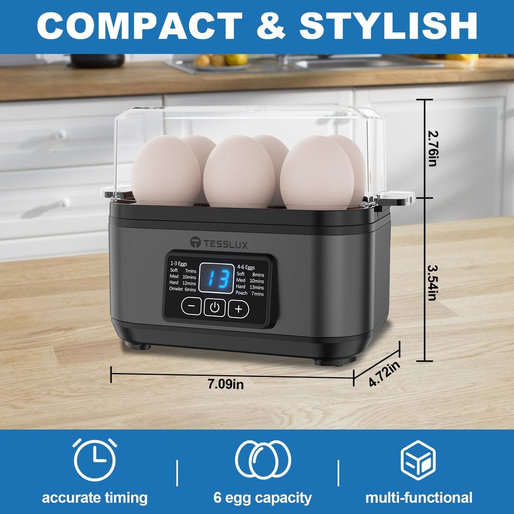 Electric Rapid Egg Cooker, 6 Egg Capacity for Hard Boiled Eggs, Poached Eggs,...