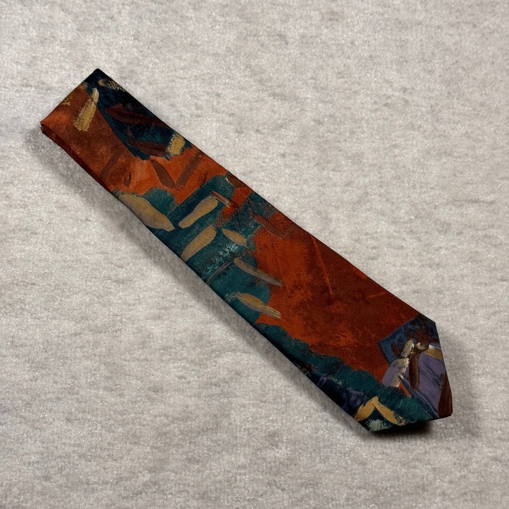 Handmade Italy Abstract Art Silk Tie Brown Teal Painterly Pattern