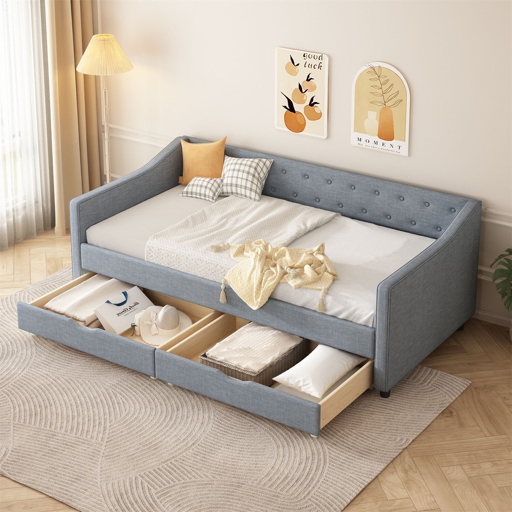 Twin Size Daybed Upholstered Bed Frame Sofa Bed with 2 Storage Drawers