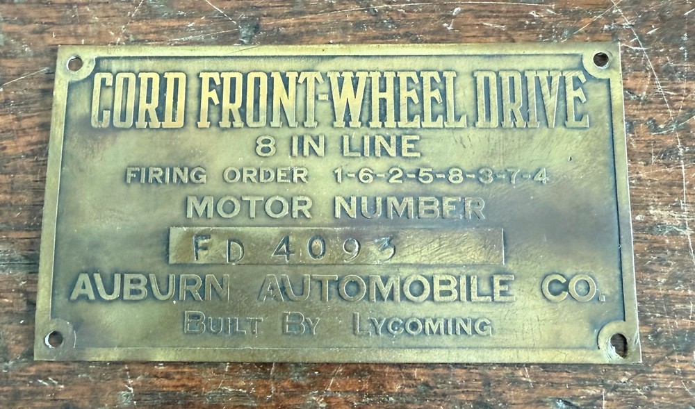 “1929–1932 Cord L-29 Front Wheel Drive Inline 8 Engine Data Plate”