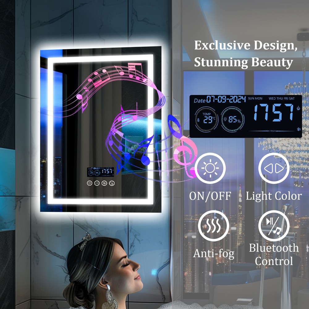 WISFOR Smart LED Lighted Bathroom Mirror with Bluetooth Speaker, Digital Display