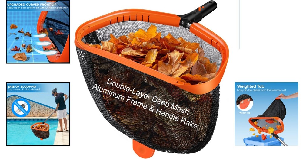 Heavy-Duty Pool Leaf Skimmer with Double-Layer Mesh - 17.32" x 12.2" Dimensions