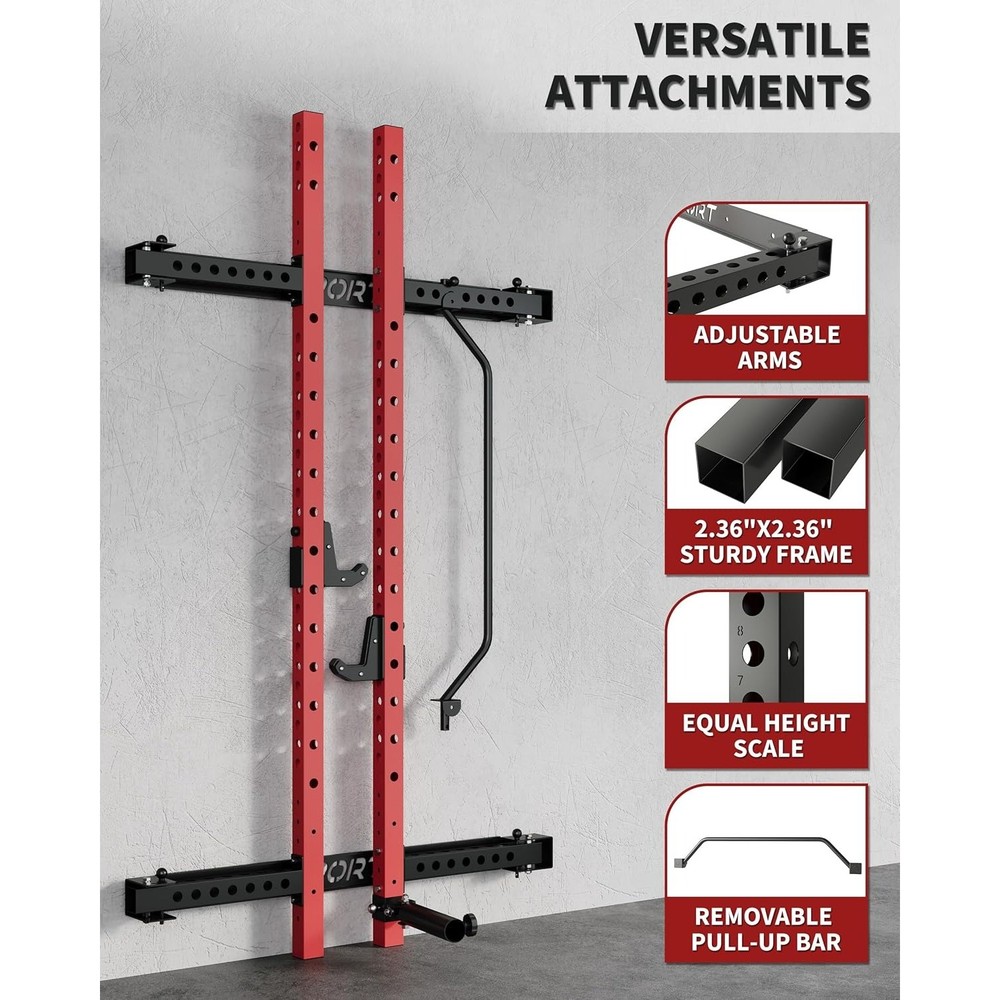 1000LBS Wall Mounted Folding Squat Power Rack for Home Gym with Pull-Up Bar