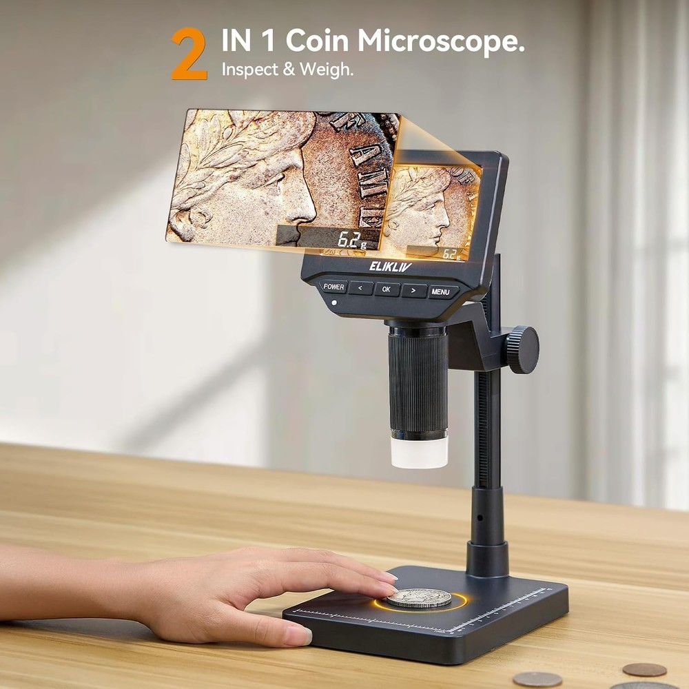 Coin Microscope with Scale：4.3" Digital Microscope, LED with Screen & Scale
