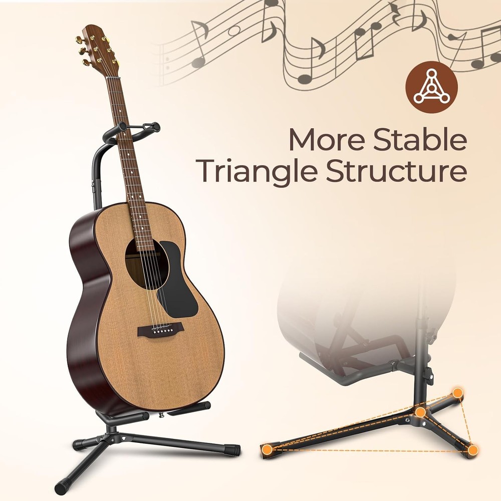 Adjustable folding guitar stand for various sizes.