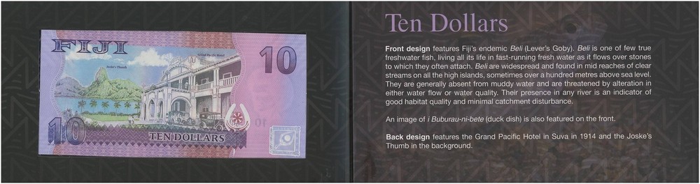 Fiji 10 Dollars, 2012 ND, P-116a, UNC w/ Folder-Card