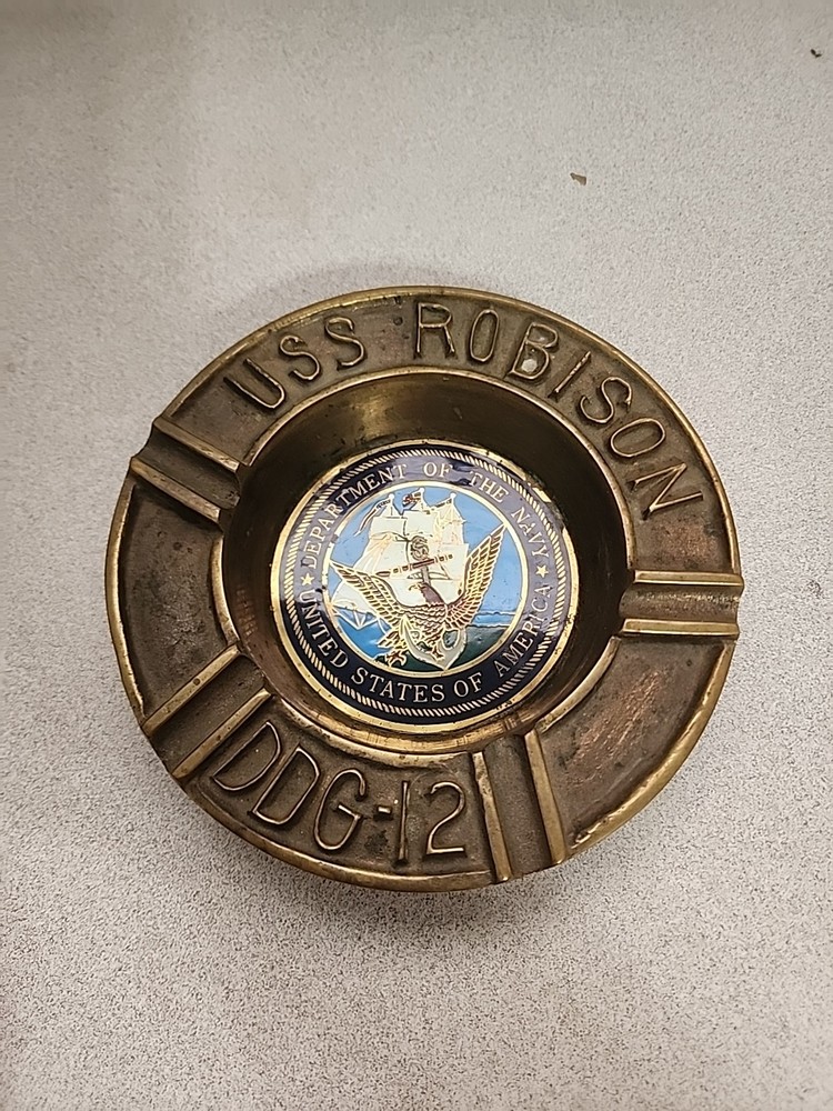 Vtg NAVY USS ROBISON DDG-12 Destroyer Heavy Solid Brass & Enamel Ashtray