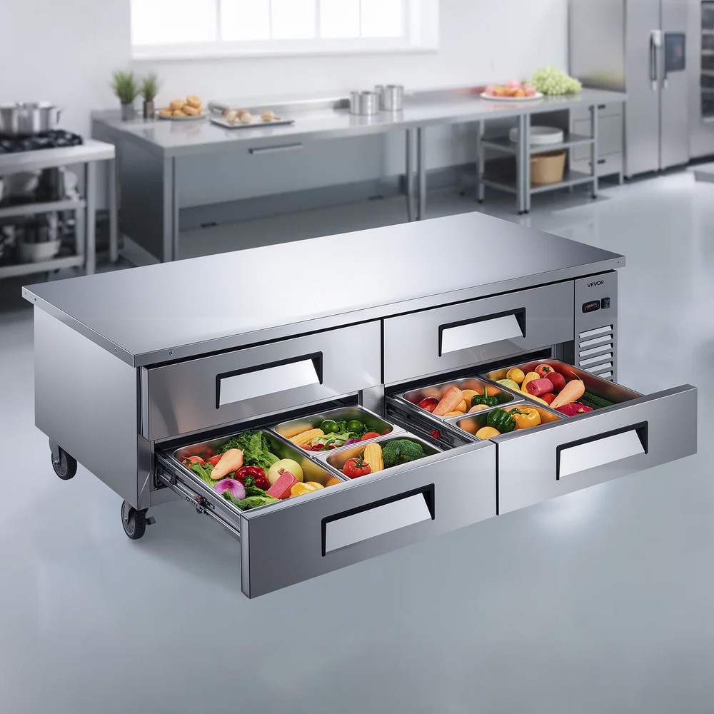 VEVOR Commercial Chef Base Refrigerator Kitchen Prep Worktable 72 in Four Drawer