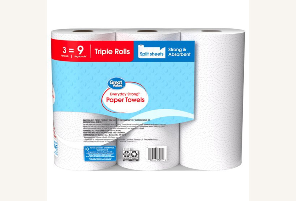 Great Value Everyday Strong Split Sheets 2-Ply Paper Towels 3 Triple Rolls