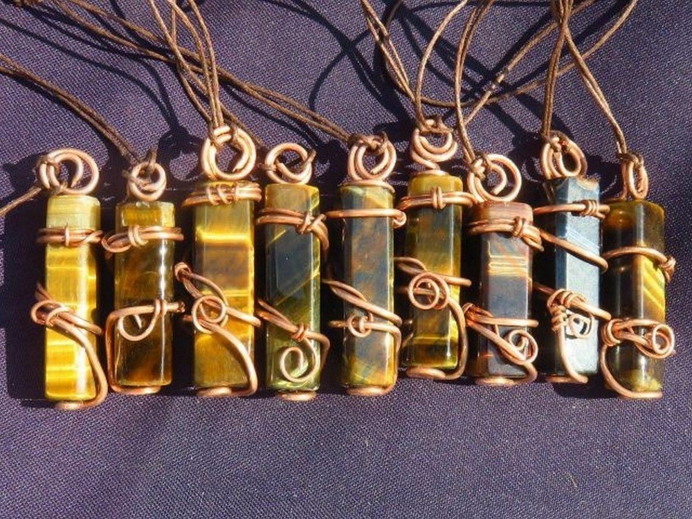 Gem Quality Polished Rectangular Tigers Eye Copper Wire Wrapped Pendant
