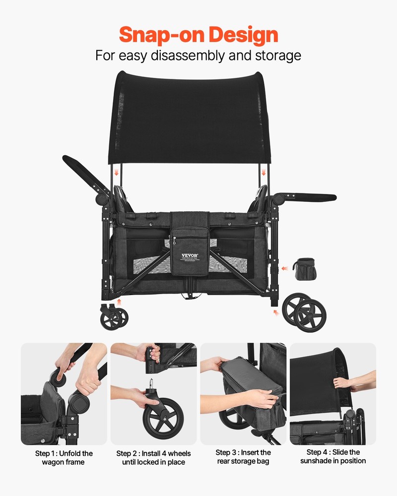 VEVOR Wagon Stroller 4 Kids Push Pull Quad Collapsible Stroller 330LBS Capacity